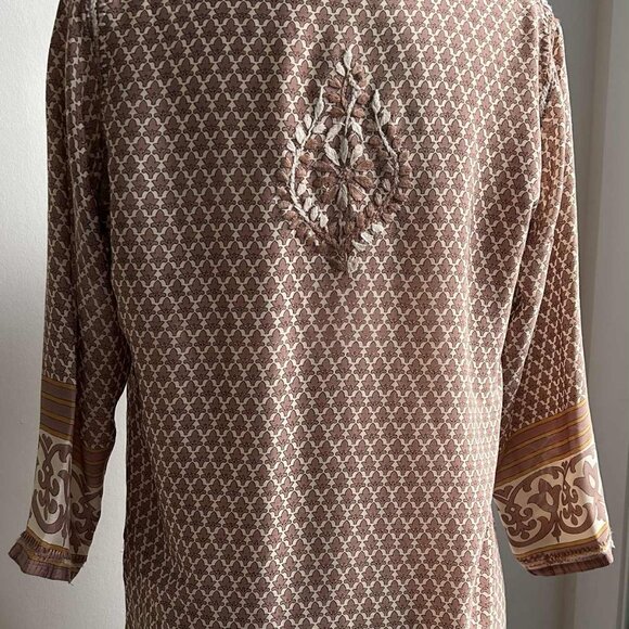 Gretchen Scott Cocoa-Ivory Embroidered Silk-Blend Tunic, Border-Print – US S - Picture 3 of 11